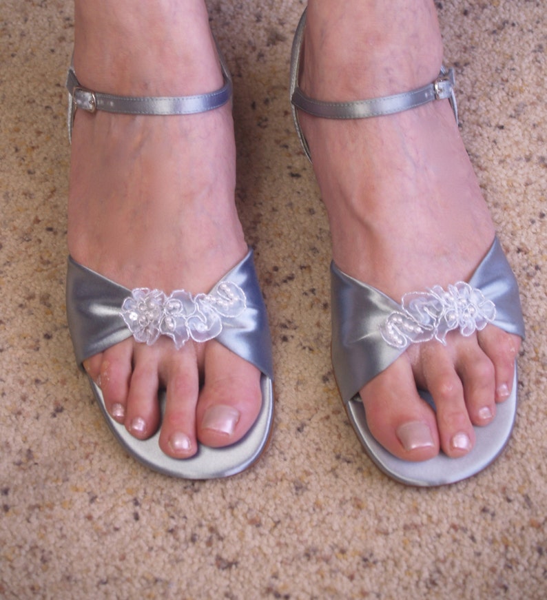 Size 10 Silver Satin Sandals w lace appliqué,Bridal Silver Sandals,Open Toe Very Low Heel for 25th Anniversary or Destination Ready to Ship image 1