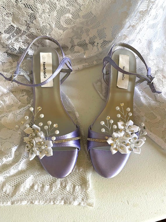 Lavender Wedding Shoe low Wedge 1 inch Heel flowers crystals,Short Heel Satin Open Toe Sandal, Bling Lavender low heels adorned White flower Lavender Wedding Shoe low Wedge 1 inch Heel flowers crystals,Short Heel Satin Open Toe Sandal, Bling Lavender low heels adorned White flower
