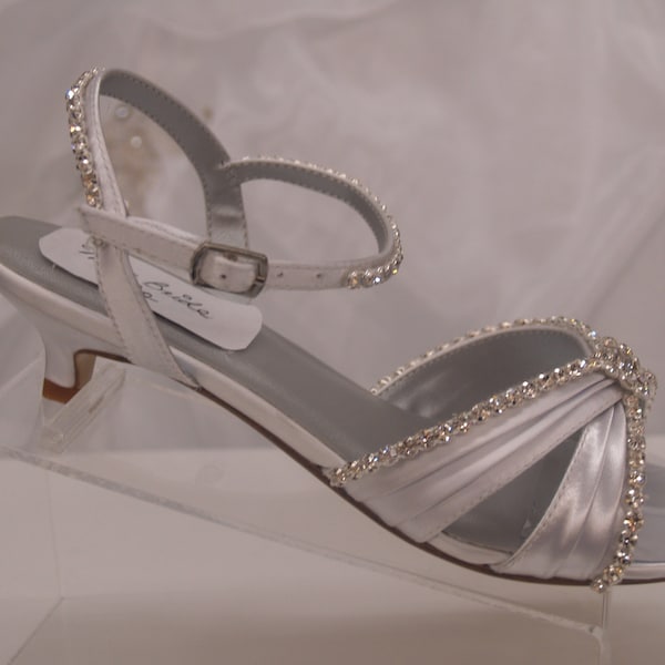 Wedding Shoes Bling Bling Very Low heel, White Wedding Sandal, Open Toe Strappy, Kitten Heel, Ankle Strap. Rhinestone Crystals, Beach,Cruise