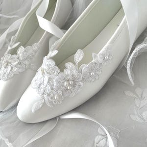 WIDE WIDTH White Satin Wedding Flats: Lace & Pearl Ballerina Shoes, Wedding Flowers
