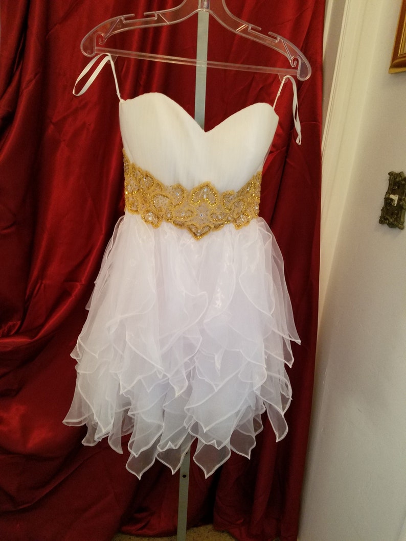 White short strapless dress gold beaded empire waist sizes XS and L,sweetheart cut short white dress,destination wedding short white dress, image 1