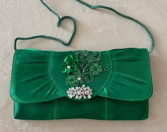 Green Wedding clutch bag satin Green appliqués and crystal brooch,Bling Bride,Satin color to match Handbag, Evening Purse, Formal Clutch