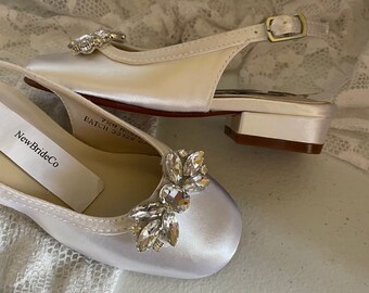Communion White Shoes Bling Bow sling back style closed toe 3/4" heel,Bling Bow Girl White or Ivory Shoes, Girls First Communion shoes