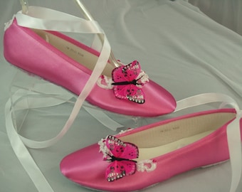 Size Flats Hot Pink Shoes with Hot Pink Butterflies Ballet Style  Slipper Ballet Lace Up Ribbon, Quinceanera Mariposa,Ready to Ship