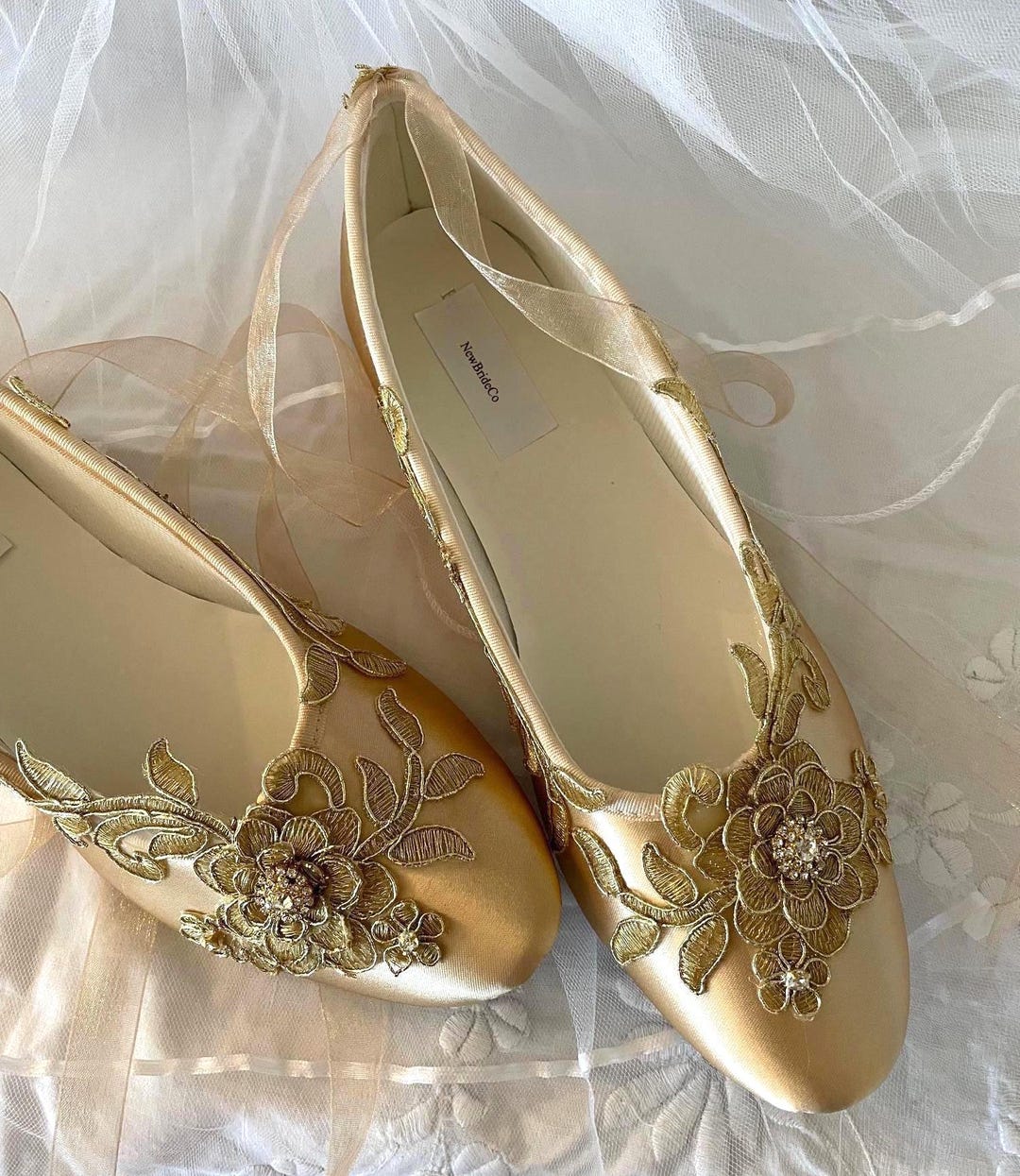 Champagne Wedding Flats: Gold Applique Lace-up Bridal Shoes