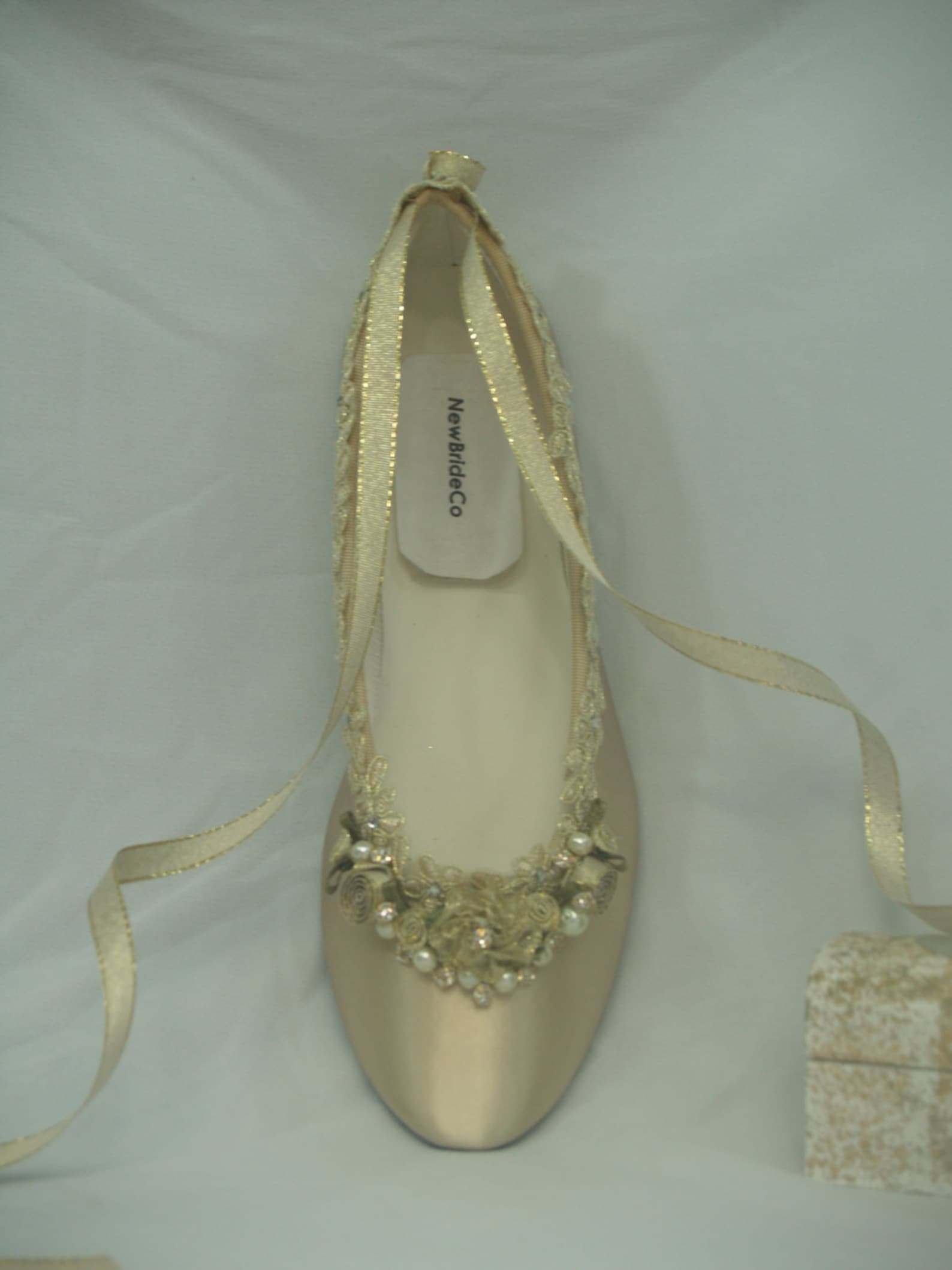 wedding size 6 flats champagne gold hand dyed, gold rosette flowers ready to ship, pearls & crystals, lace up ballet style slipp