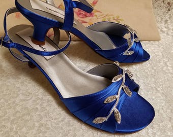 Royal Blue Wedding Shoes 1 3/4'' heel Crystals,Low Heel Shoes Open Toe Ankle Strap, Royal Blue Satin Heels, Victorian