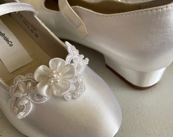 White Satin Mary Jane flower Lace Shoes square comfortable heel,Size: 3.5 First Communion White Mary Jane Shoes,Mary Jane Flower girls shoes