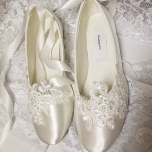 Bride Off White Wedding Flats,Off-white Satin Shoes,Lace Applique with Pearls,Lace Up Ribbon Ballet Style Slipper, Comfortable Wedding Shoes image 8