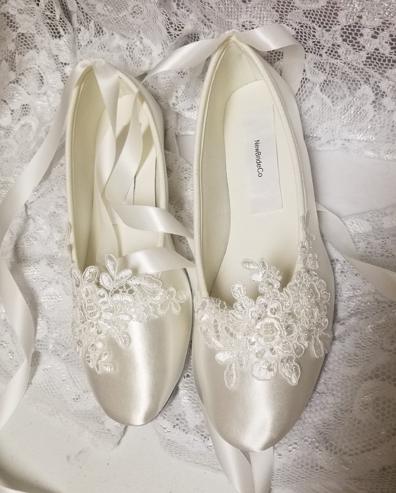 Bride Off White Wedding Flats,Off-white Satin Shoes,Lace Applique with Pearls,Lace Up Ribbon Ballet Style Slipper, Comfortable Wedding Shoes image 8