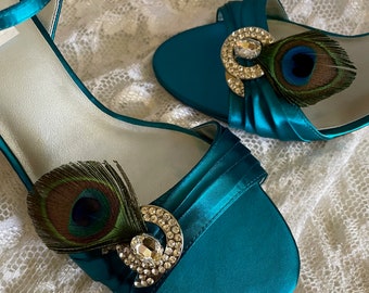TEAL peacock Wedding Shoes Silver Crystals, Satin mid 2 1/2" Heels, SIZE 10 Peacock feathers Open toe Ankle Strap shoes,Brides Prom SHOES