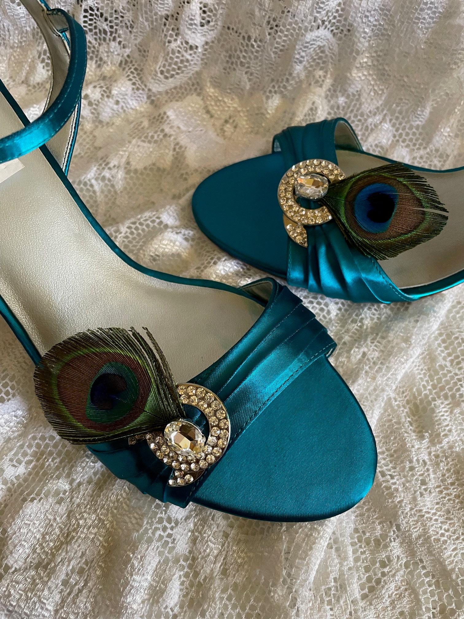 TEAL Peacock Wedding Shoes Silver Crystals Satin Mid 2 1 2 Heels SIZE 10 Peacock Feathers Open Toe Ankle Strap Shoes brides Prom SHOES Etsy