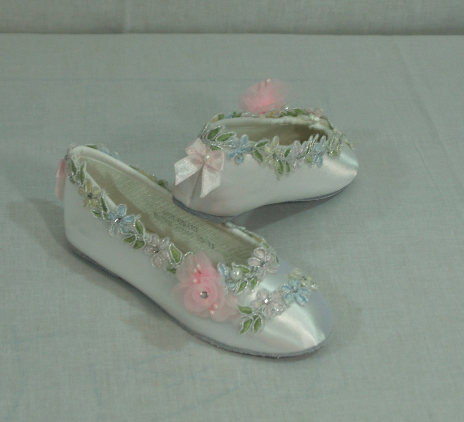pastel flower girls shoes white satin flats, girls ballet style slippers, closed toe flats, pink, whimsical, woodland,garden chi