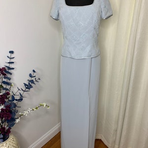 Crystal Blue Beaded Short Sleeve Dress in Size 10, Vintage Mother of The Bride by Caterina, 2 piece Formal Dress with slit, Anniversary Gown