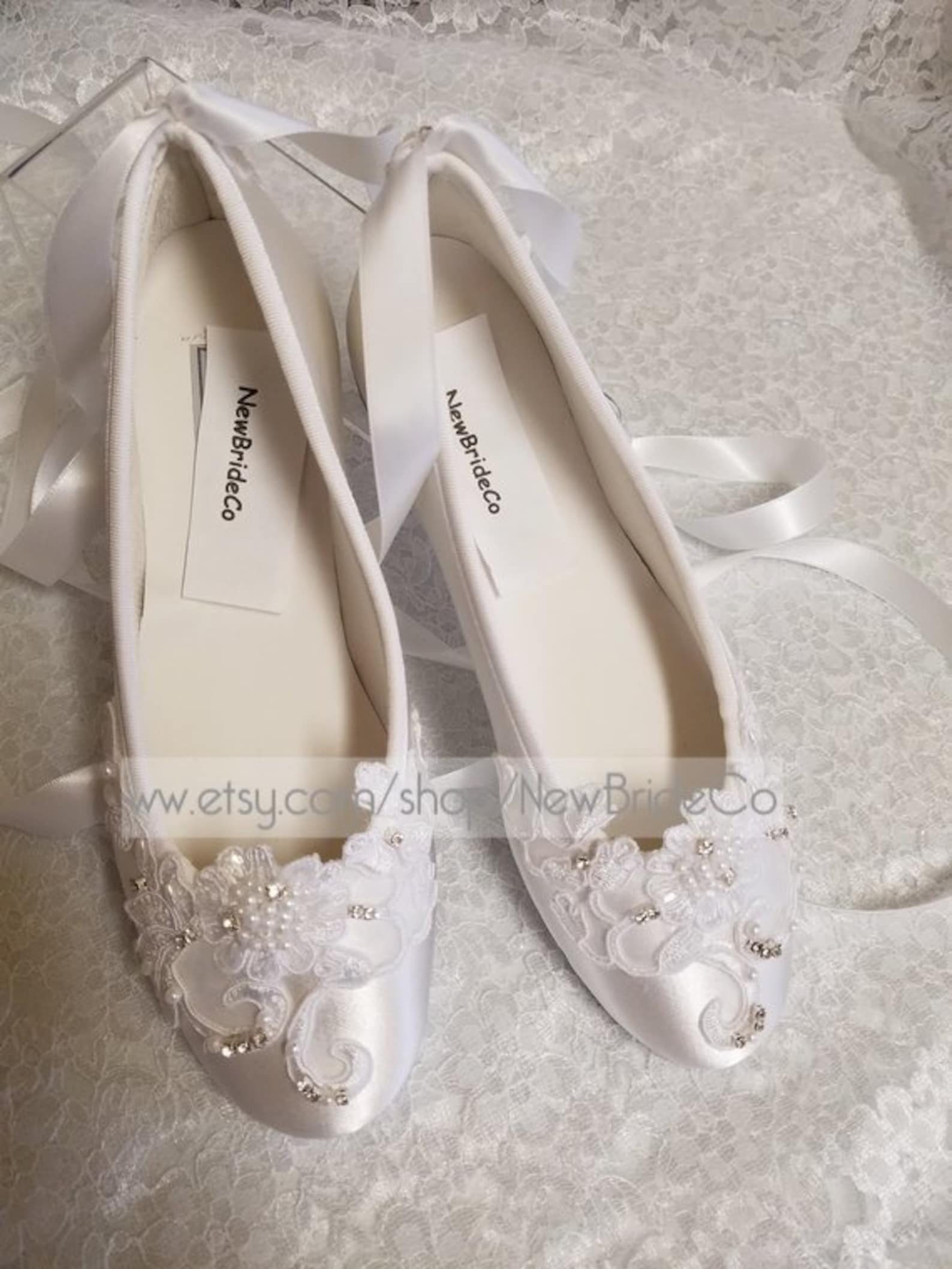 brides white wedding flats, satin ivory shoes, lace applique with pearls, lace up ribbon ballet style slipper, comfortable weddi