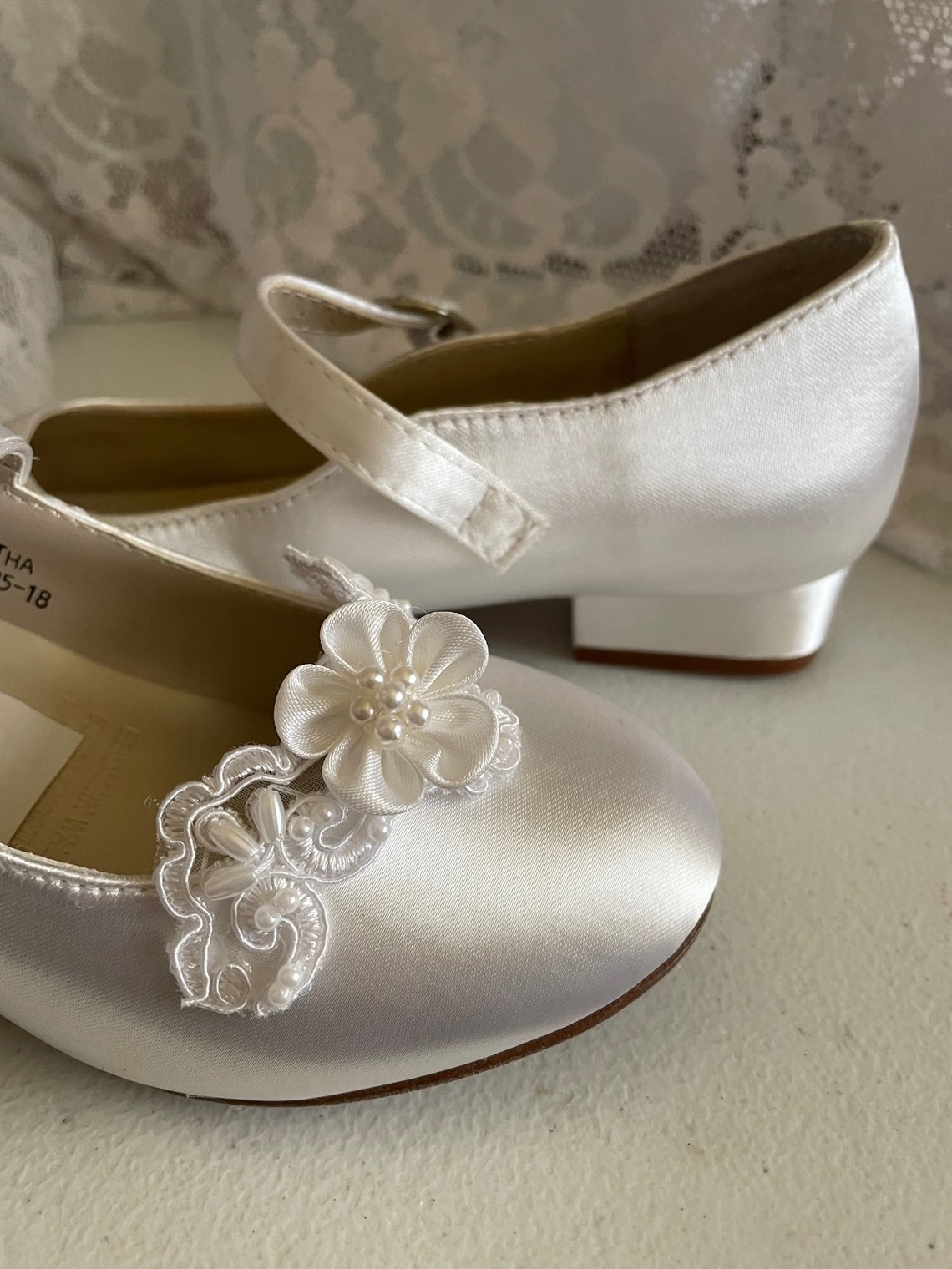 White Satin Mary Jane Flower Lace Shoes Square Comfortable Etsy