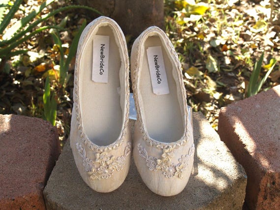 Wedding Flats CHAMPAGNE Vegan small satin flowers and lace flower appliqués, comfortable slipper style shoes