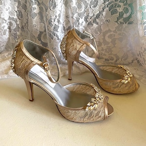 Gold Bling Heels Lace Wedding Champagne shoes,Silver Bling heels,Gold Peep Toe 3 1/2 inch heels,Bling Bride Gold Lace Heels with Ankle Strap