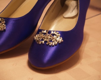 Wedding Flat Shoes Purple with Brooch -  Deep Purple flats plus 200 colors,Non Slip White Satin Ballet style Slipper flats, Bling