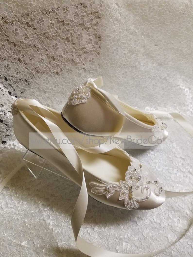 Brides Ivory Wedding Flat Satin Ivory Shoes Lace Applique Etsy