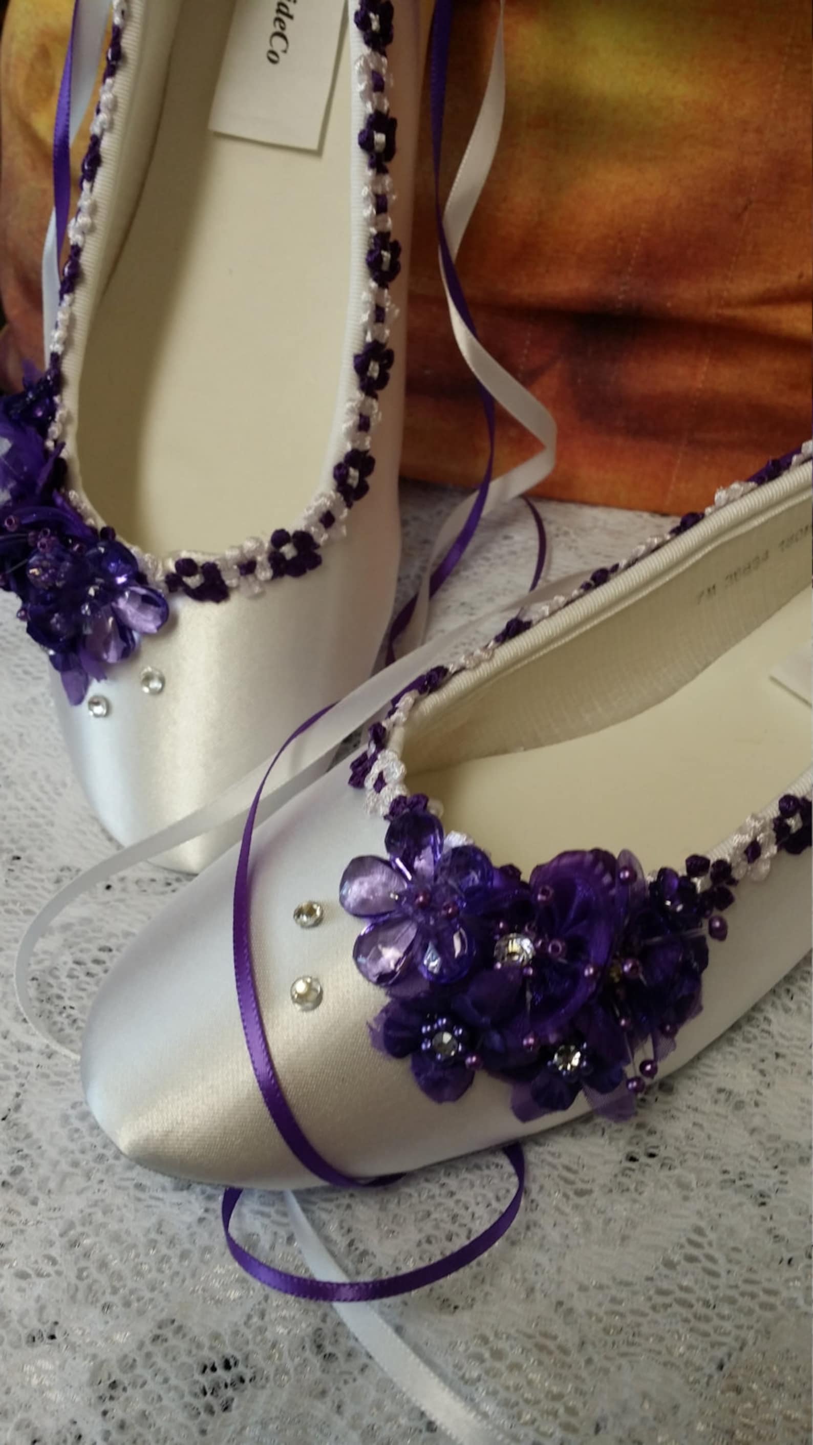 wedding purple flats silk flowers, pearls, crystals, and ankle ribbons, lace up ribbon, satin ballet style slippers,closed toe,