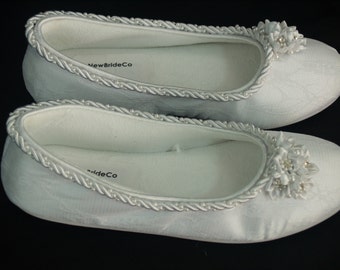 Size 6 Flats Comfortable Wedding White Embellished shoes lace, satin flowers pearls crystals Reception Slippers, pearl cluster,Ready to Ship