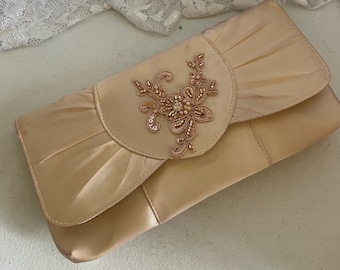 Pink Champagne Satin Clutch purse for wedding with shoulder cord strap, Purse Pink Champagne with beaded gold rose appliqué  clutch