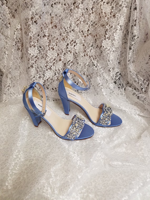 Blue Wedding Shoes thick heels trimmed with lots of crystals and pearls Powder Light Blue Peep Toe square heels 3 1 4 inch Square heels