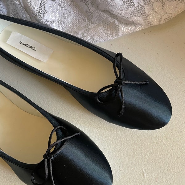 Wedding Black Shoes Satin Ballet Style flat Slipper, Goth Wedding Shoes, black flats, bridesmaids, Special Occasion, Comfort