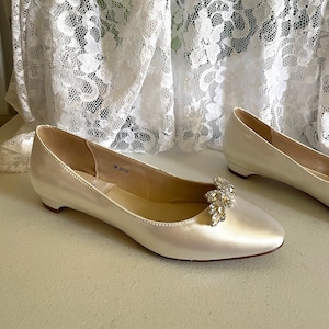Very low heels shoes satin many crystals embellishment options,1/2&quot; heel white or Ivory Satin Shoe,Minimalist white 1/2 inch heel Satin Shoe