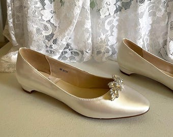 Crystal Embellished Satin Wedding Shoes: Ivory Low Heel