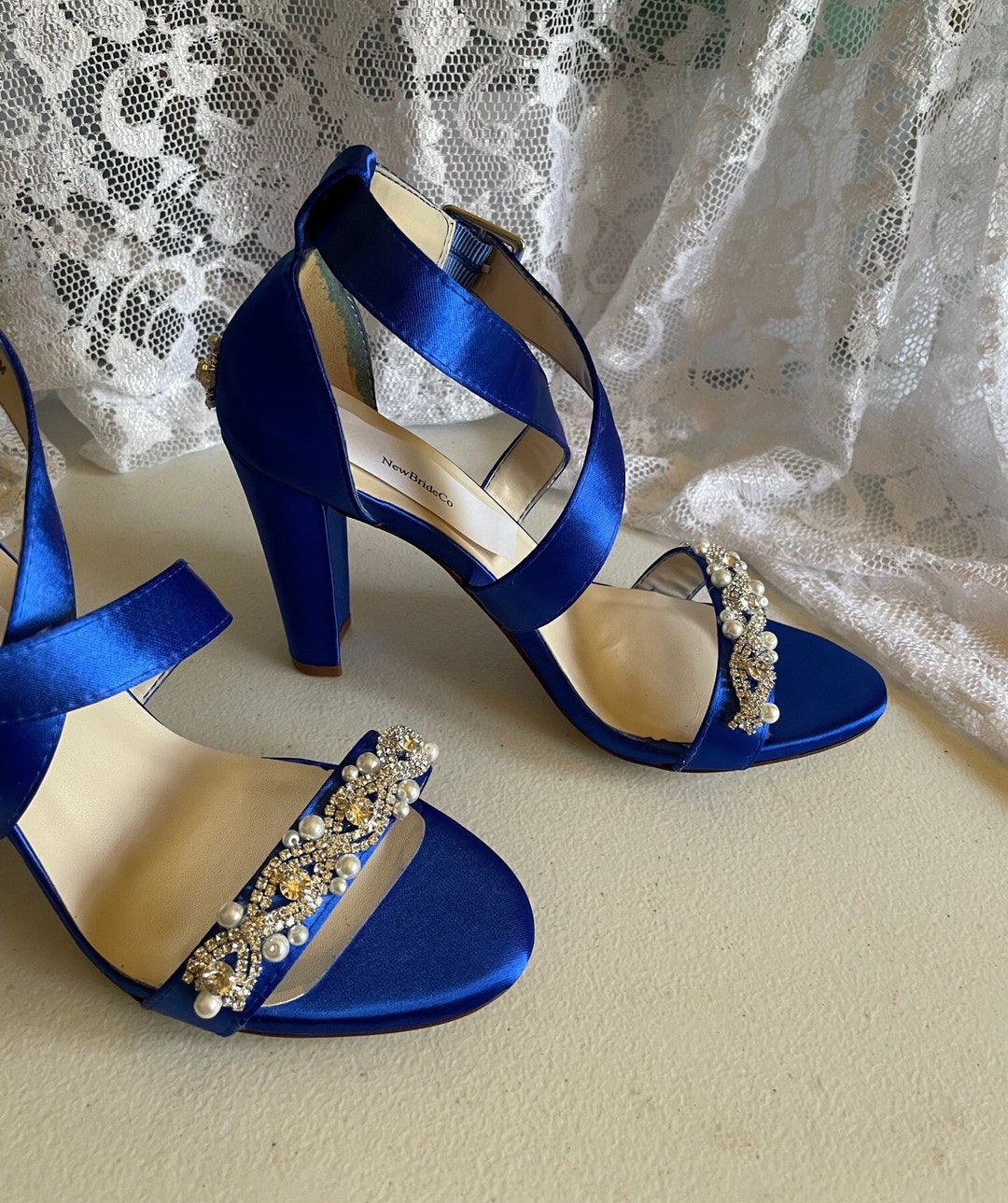 Royal Blue Shoes Size 6.5 Bridal Thick Heels Trimmed With Lots of ...