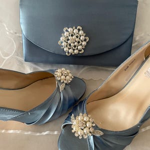 DUSTY Blue mid Heel Shoes with Silver glass Crystals vines,Mid high SKY Blue heels peep toe covered heel with silver bling hand dyed shoes