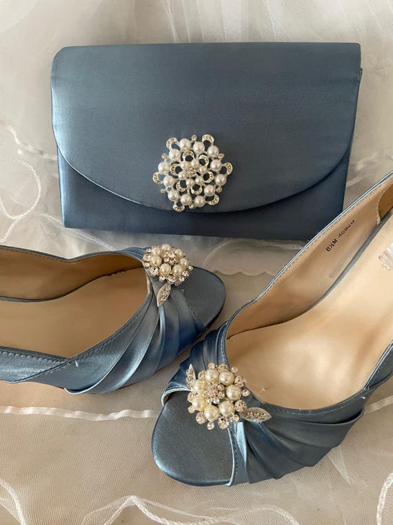 Dusty Blue Mid Heel Shoes: Silver Crystal Vine Peep Toe Heels