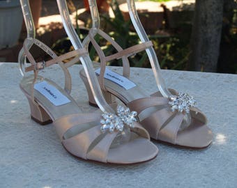 Champagne Bridal Shoes B and W width,Wedding 150+ colors,Comfortable open toe sandals, Short Thick Heel, Sandals,Crystals brooch, Wide Width