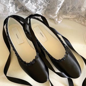 Wedding Black Satin Flat Shoes Ballet Style Slipper w Sequins Trim, Goth Wedding Satin Shoes black flats, bridesmaids black satin flats