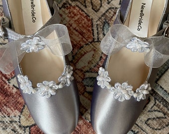 Silver Flower Girl Shoes: Beaded Applique, Low Heel