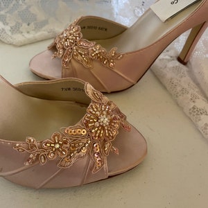 Pink Champagne heels with rose gold hand beaded appliqués high & low heels available, Prom beaded heels,Mother of the bride rose gold shoes