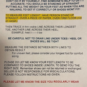 May include: A white sheet of paper with black text providing instructions on how to measure feet for shoe sizing. The guide emphasizes accuracy and includes steps for tracing feet and measuring the distance.