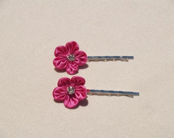 2 Hot Pink hair flowers,Brides Satin 2 hot pink hair pins,flower girls flower hair pins, Flower Hair Accessory,