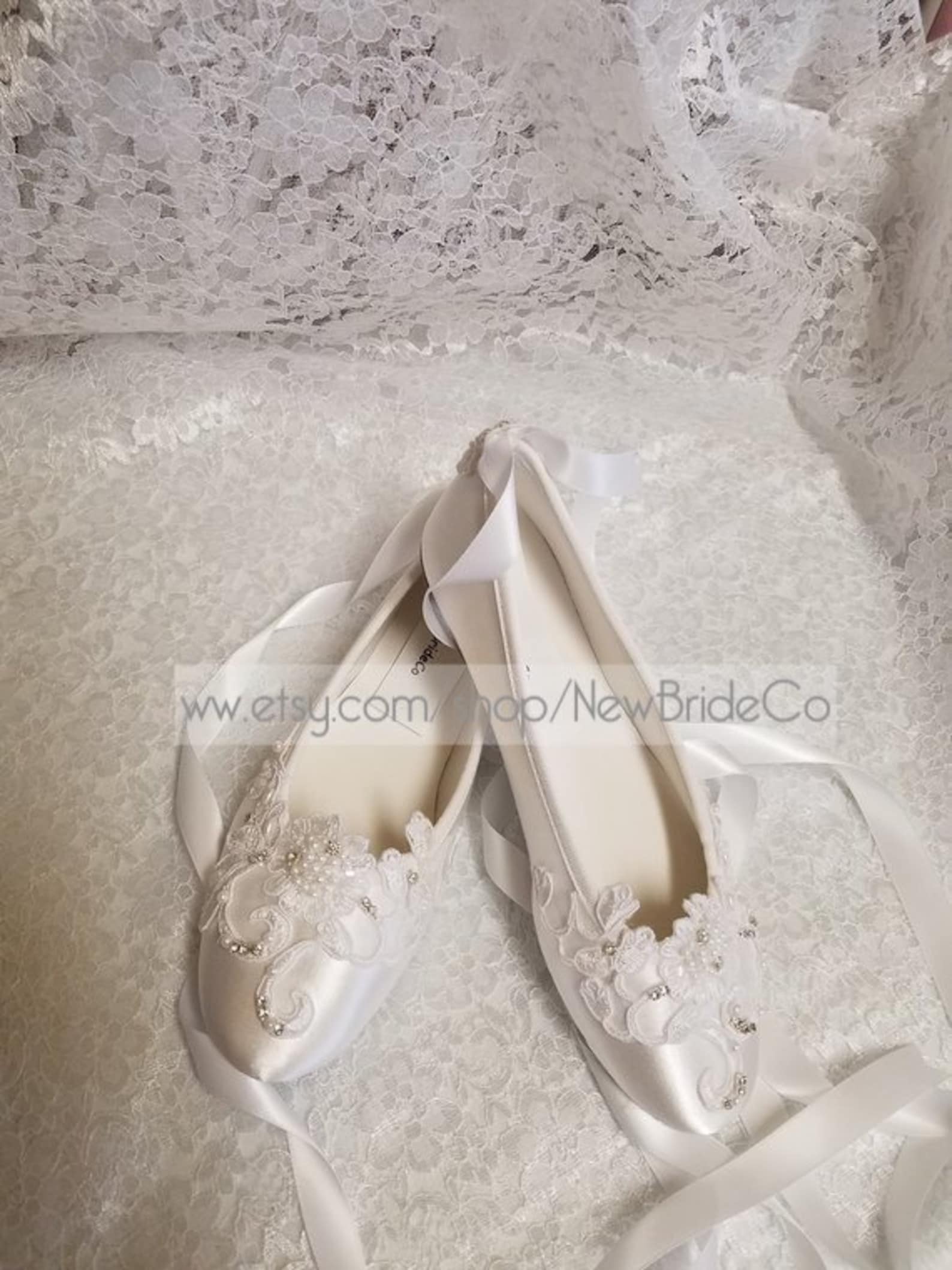 brides white wedding flats, satin ivory shoes, lace applique with pearls, lace up ribbon ballet style slipper, comfortable weddi