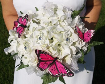 Butterfly Bouquet, White hydrangeas Wedding with hot pink butterflies other colors, embellished handmade white hydrangeas bouquet, Crystals