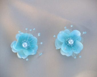 2 MINT hair flowers, Two small flowers hair clips, bridesmaids aqua blue hair clips, Flower girls color flowers hair clips or pageant girls