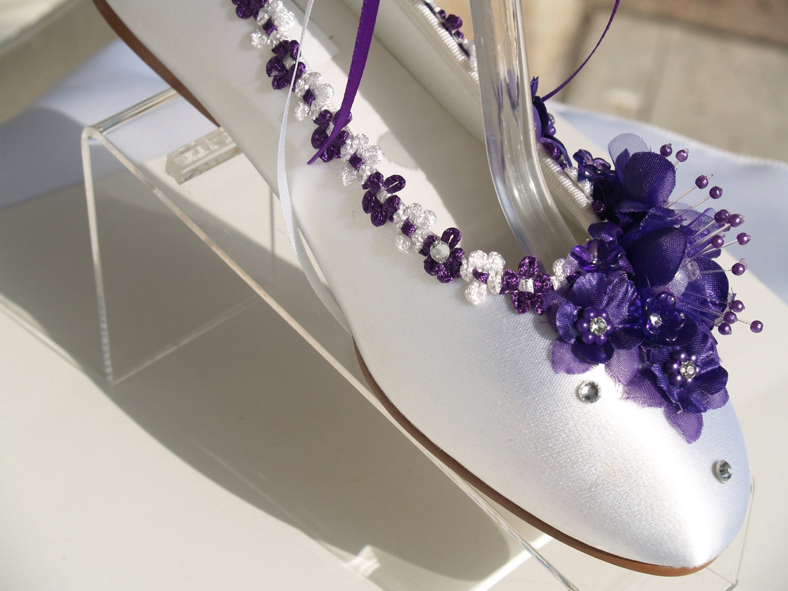 size 6 ready to ship purple silk flowers white satin flats,pearls,crystals, lace up ribbon,satin ballet style slippers,closed to