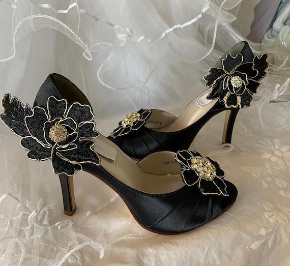 heels for black prom dress V Neck Two Pieces Mermaid Black Prom Dresses with High Slit, Two Piece   Shiny Party