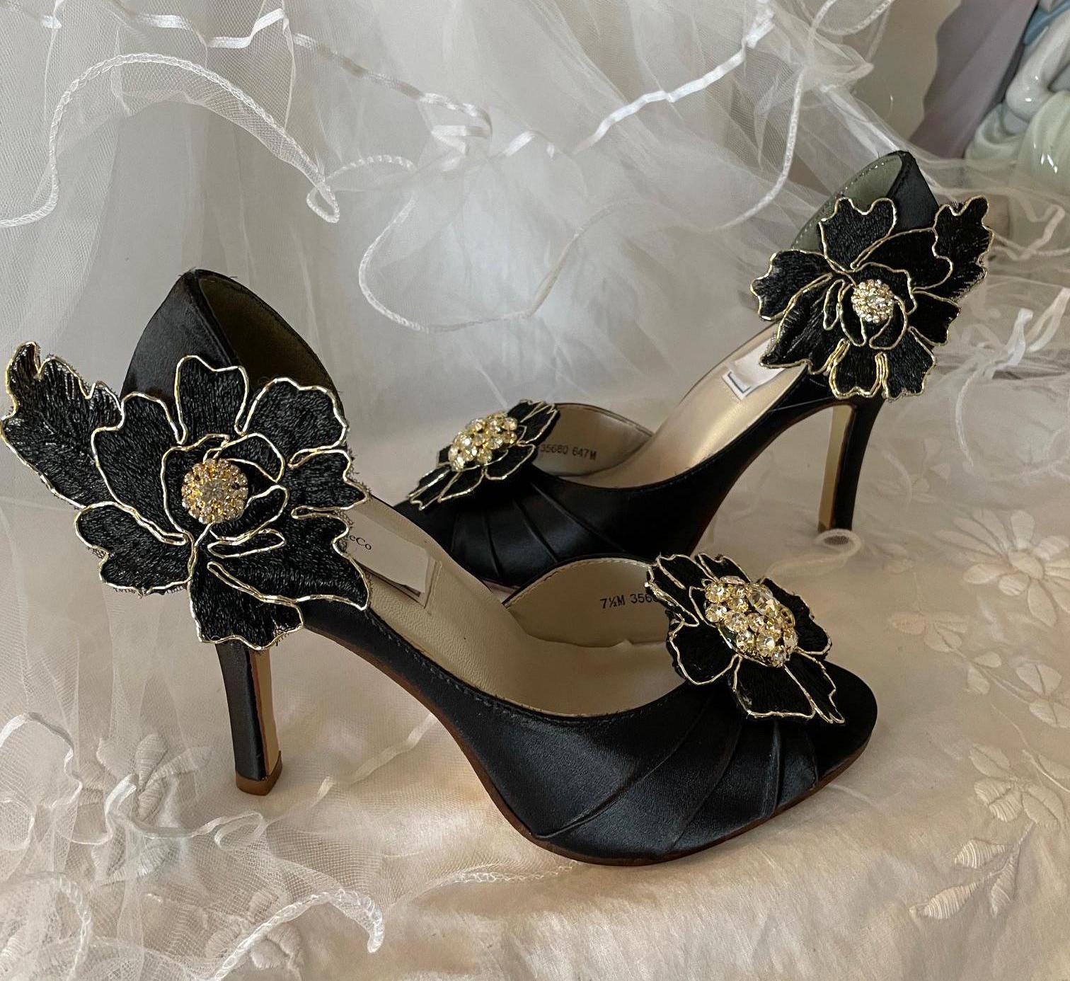 Wedding Shoes Black Stilettos With Gold Heels Rhinestones Wedding