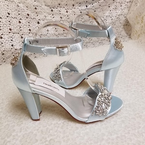 Light Blue Shoes Bridal thick heels trimmed with lots of crystals and pearls, Blue Peep Toe square heels, 3 1/4 inch Square heels,