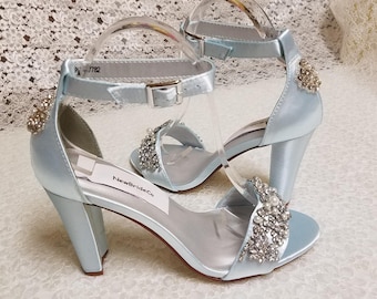 Light Blue Shoes Bridal thick heels trimmed with lots of crystals and pearls, Blue Peep Toe square heels, 3 1/4 inch Square heels,