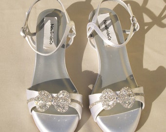 Wedding Comfort Shoes low Wedge 1 inch heel, Crystals bows Short Heel,White Satin Bridal Sandal Bling Old Hollywood Style,