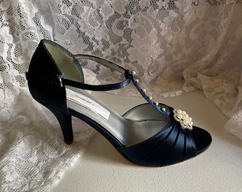 Hand-Dyed Navy Blue Heels: Pearl Crystal T-Strap Satin Shoes